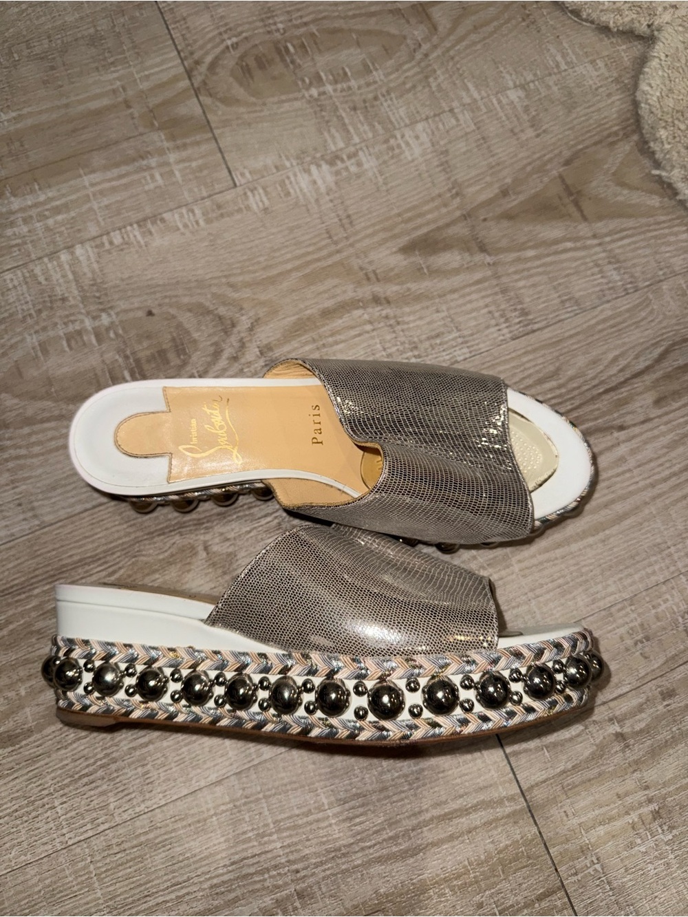 Christian Louboutin Metallic Taupe Lizard-Texture Slide Mules